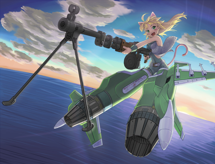1girl, airplane, animal_ears, belt, blonde_hair, blush, cat_ears, cat_tail