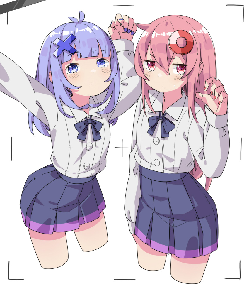2girls, arm_up, blue_bow, blue_bowtie, blue_eyes, blue_hair, blue_nails, blue_skirt