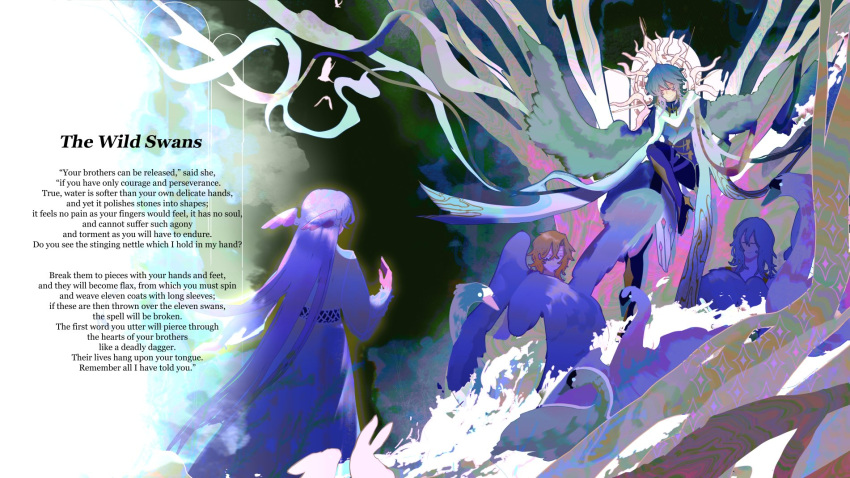 2boys, 2girls, arched_window, aventurine_(honkai:_star_rail), bird, black_boots, black_pants, blonde_hair, blue_coat, boots, closed_eyes, closed_mouth, coat, commentary, dress, english_commentary, english_text, facing_away, feathered_wings, feet_out_of_frame, flying, full_body, grey_hair, hair_between_eyes, halo, halo_behind_head, head_wings, highres, honkai:_star_rail, honkai_(series), knee_up, long_hair, long_sleeves, medium_hair, multiple_boys, multiple_girls, outstretched_arms, pants, purple_hair, robin_(honkai:_star_rail), scarf, skirtsan, smile, spread_arms, standing, stelle_(honkai:_star_rail), stole, sunday_(honkai:_star_rail), swan, the_wild_swans_(andersen), trailblazer_(honkai:_star_rail), tree, water, white_dress, white_scarf, white_wings, window, winged_arms, wings
