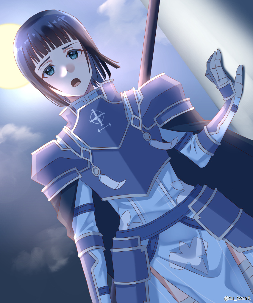 1girl, absurdres, alternate_costume, armor, belt, black_hair, black_sky, blue_armor