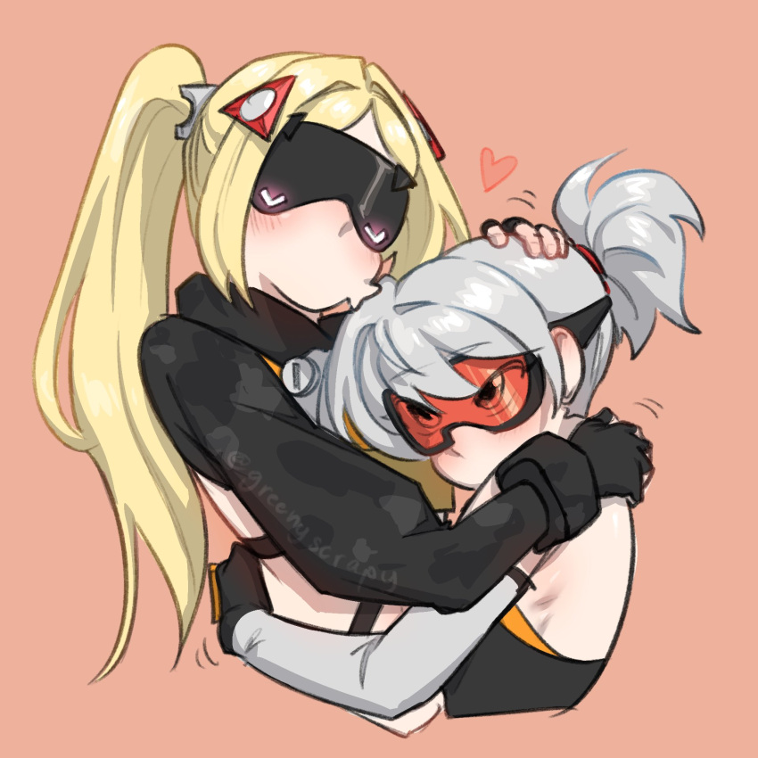2girls, black_gloves, blindfold, blonde_hair, blush, gloves, goggles, heart