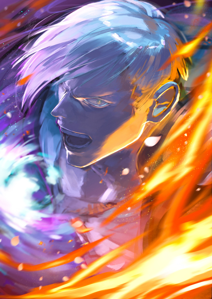 1boy, absurdres, asymmetrical_hair, attack_trail, bare_pectorals, blonde_hair, blue_eyes, collarbone