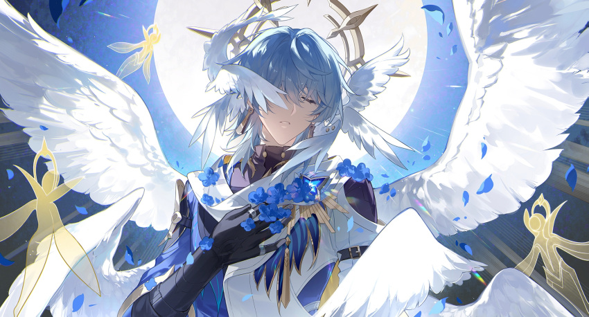 1boy, arm_belt, black_gloves, blue_flower, blue_jacket, chinese_commentary, closed_eyes, clothing_cutout, commentary_request, earrings, facing_viewer, falling_petals, feathered_wings, flower, gloves, gold_earrings, grey_hair, hair_between_eyes, halo, halo_behind_head, hand_on_own_chest, hand_up, head_wings, highres, honkai:_star_rail, honkai_(series), jacket, jewelry, ling_yu_xiaoyan, male_focus, medium_hair, multicolored_jacket, multiple_rings, multiple_wings, parted_lips, petals, piercing, purple_shirt, ring, scarf, shirt, shoulder_cutout, solo, spiked_halo, sunday_(honkai:_star_rail), two-tone_jacket, upper_body, white_jacket, white_scarf, white_wings, wing_piercing, wings