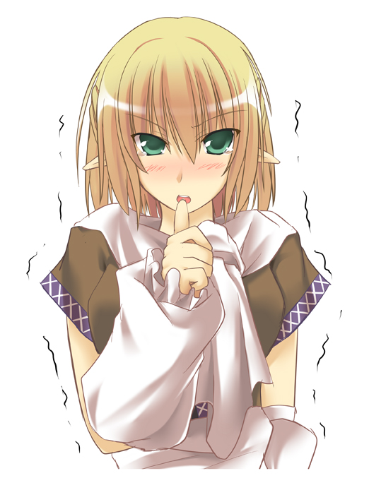 arm_warmers, biting, blonde_hair, blush, bust, green_eyes, mizuhashi_parsee, pointy_ears