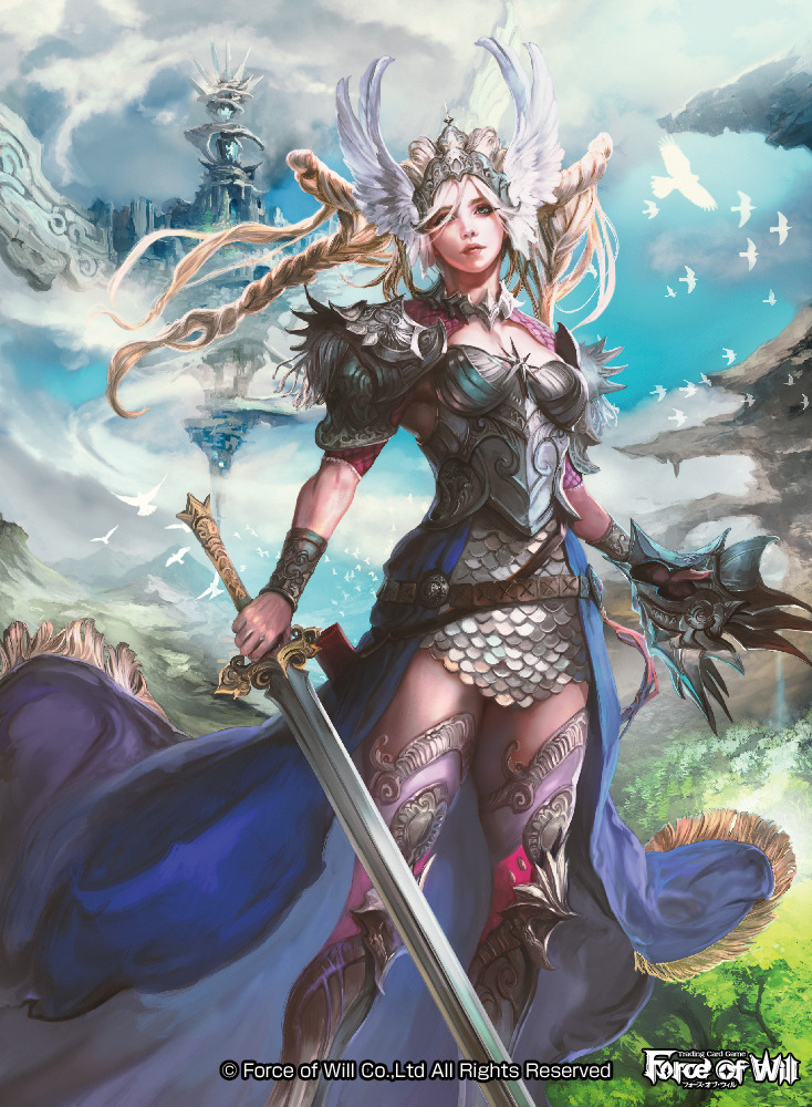 1girl, armor, bird, blonde_hair, blue_eyes, blue_skirt, bracer, braid