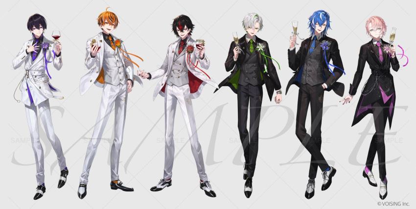 6+boys, :d, ;d, ahoge, alcohol, amayume_remu, arkhe, arm_at_side