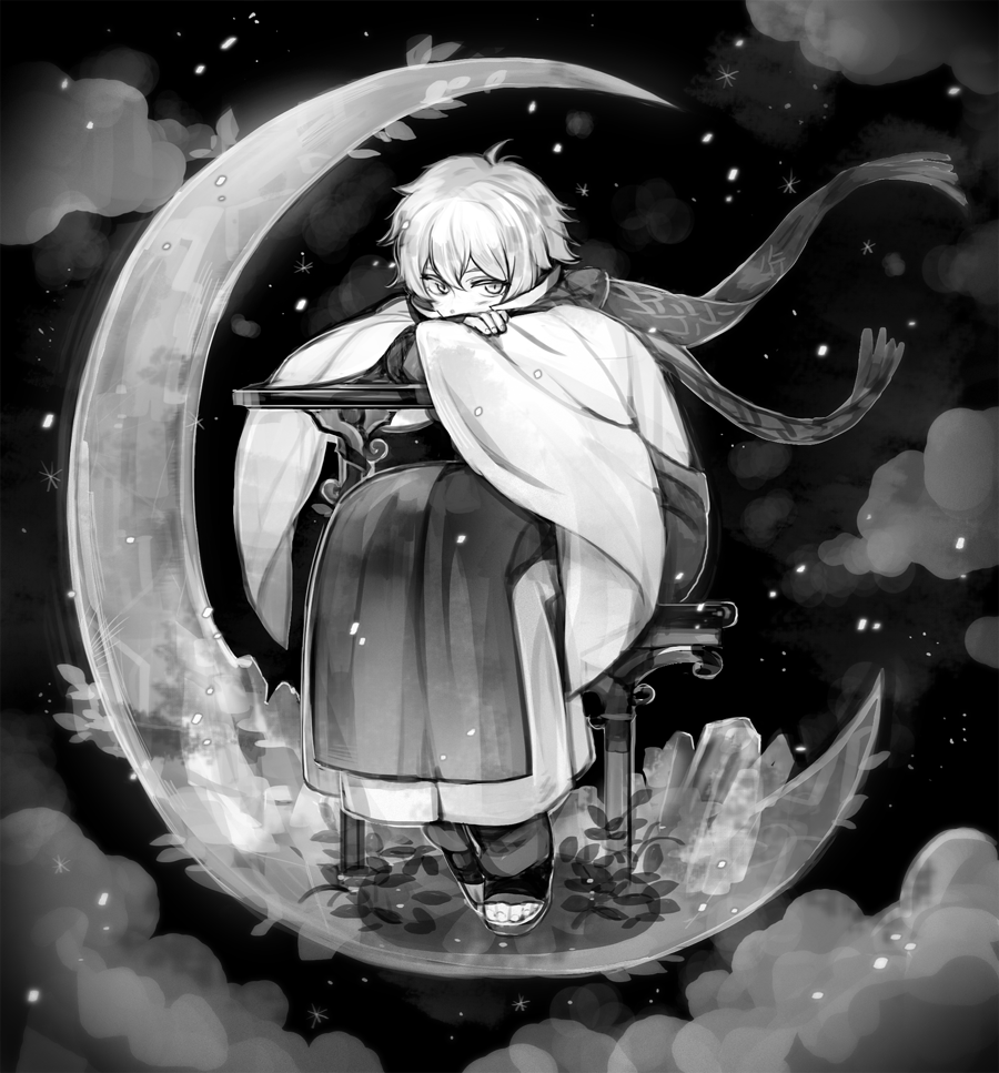 1boy, boring_(brtgm), clouds, cloudy_sky, commentary, crescent_moon, curly_hair, hair_between_eyes