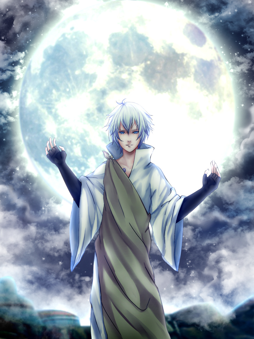 1boy, arms_up, blue_eyes, blurry, blurry_background, curly_hair, fingerless_gloves, fog