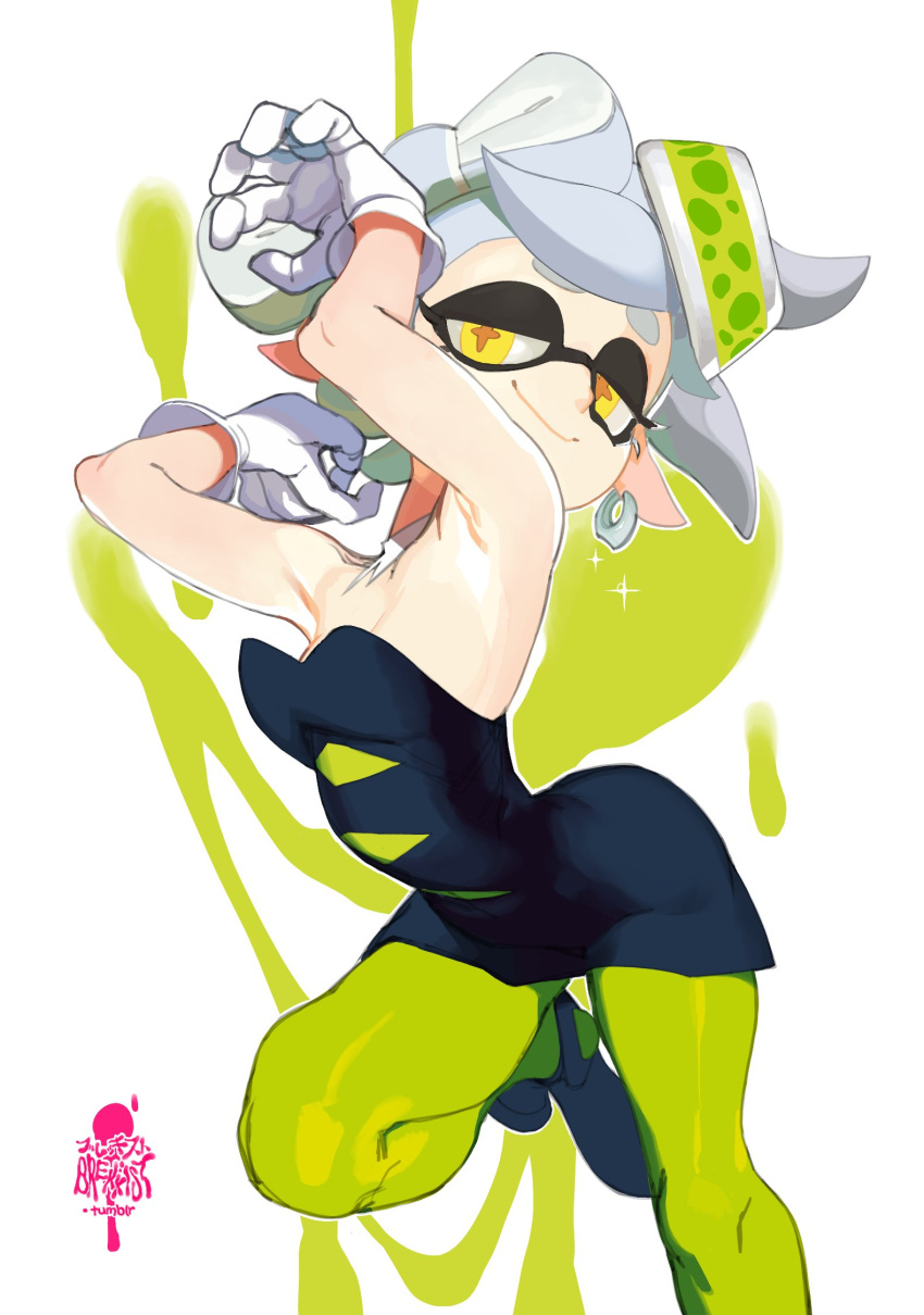 +_+, 1girl, armpits, bare_arms, bare_shoulders, black_dress, bow-shaped_hair, breasts