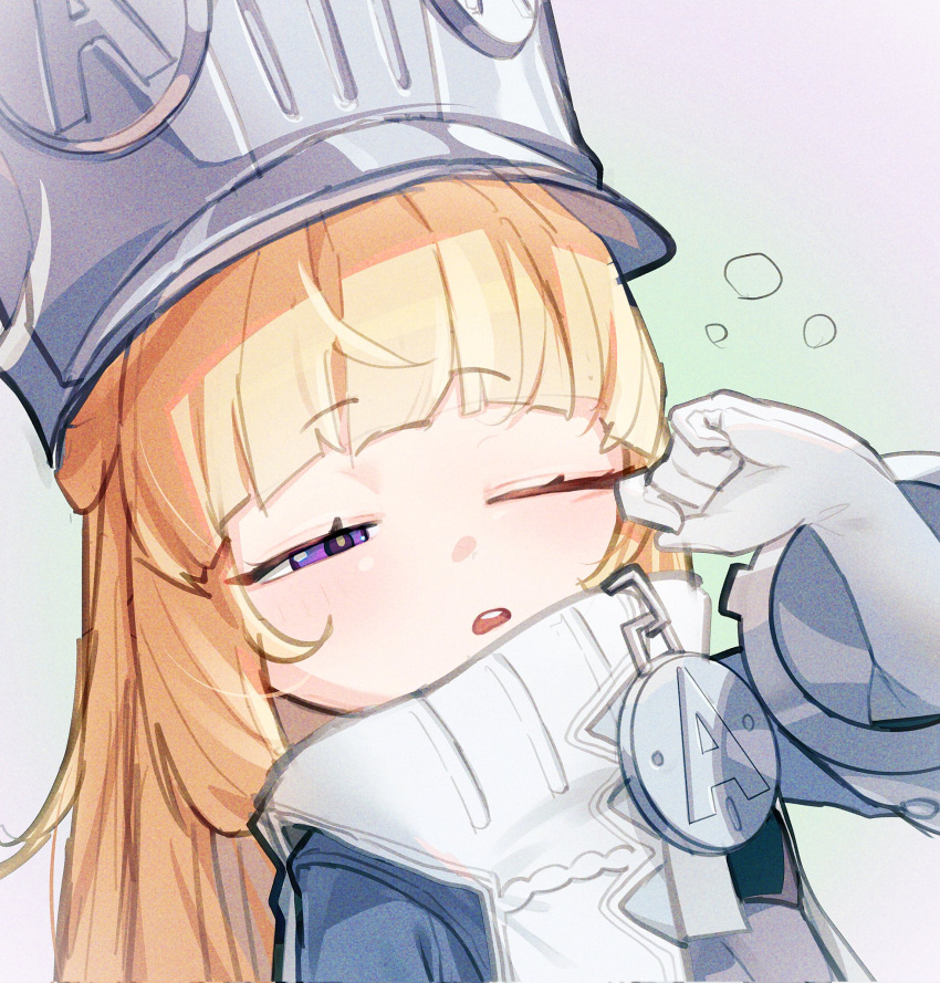 1girl, akaika_(aka), blonde_hair, blue_jacket, commentary_request, gloves, gradient_background, half-closed_eye