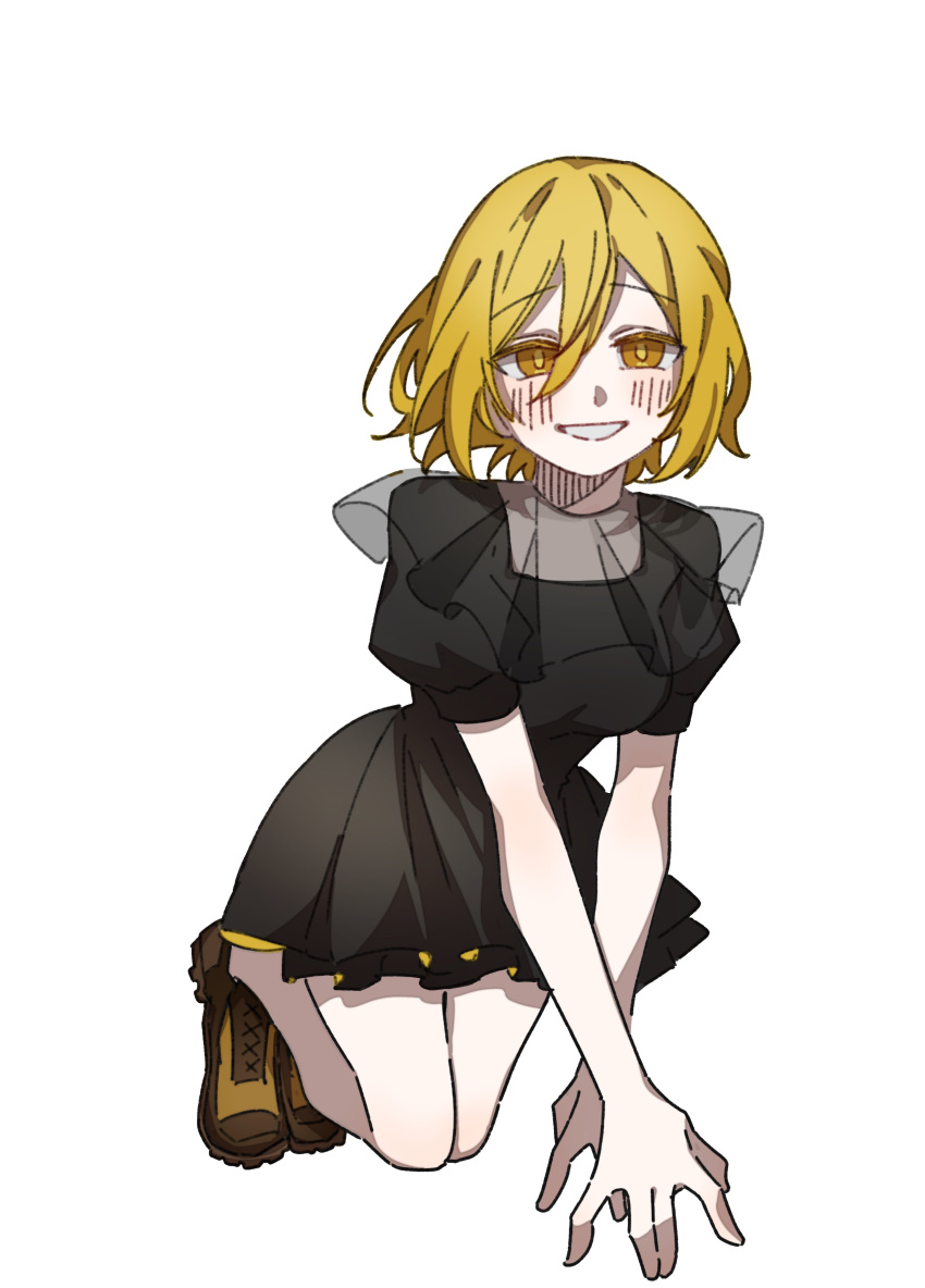 1girl, absurdres, black_dress, blonde_hair, blush, breasts, brown_shoes, capelet