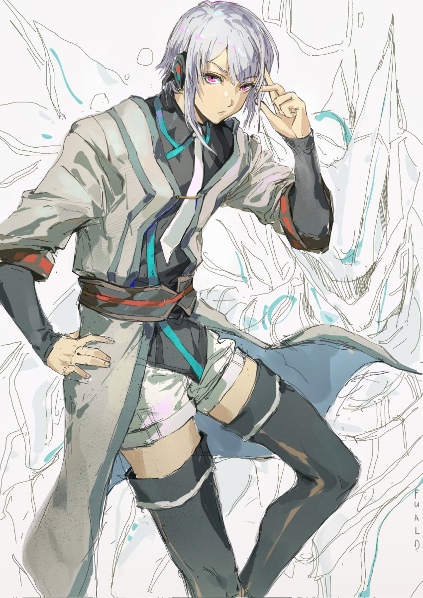 1boy, artist_name, closed_mouth, coat, double-parted_bangs, eiyuu_densetsu, ffuald1013, grey_hair