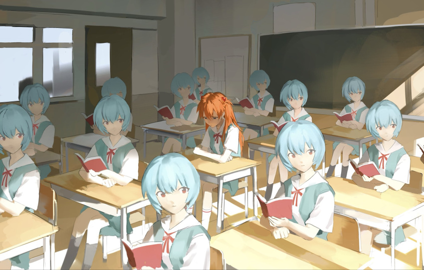 6+girls, ayanami_rei, black_socks, blue_eyes, blue_hair, blue_skirt, book, chair, classroom, clone, commentary, desk, double-parted_bangs, eogsukim82700, hair_ornament, hands_on_table, highres, holding, holding_book, indoors, long_hair, looking_down, looking_to_the_side, multiple_girls, neon_genesis_evangelion, orange_hair, red_eyes, red_ribbon, ribbon, school_uniform, shirt, short_hair, short_sleeves, sitting, skirt, socks, souryuu_asuka_langley, sunlight, surreal, suspender_skirt, suspenders, tokyo-3_middle_school_uniform, white_shirt, white_socks, window_shadow