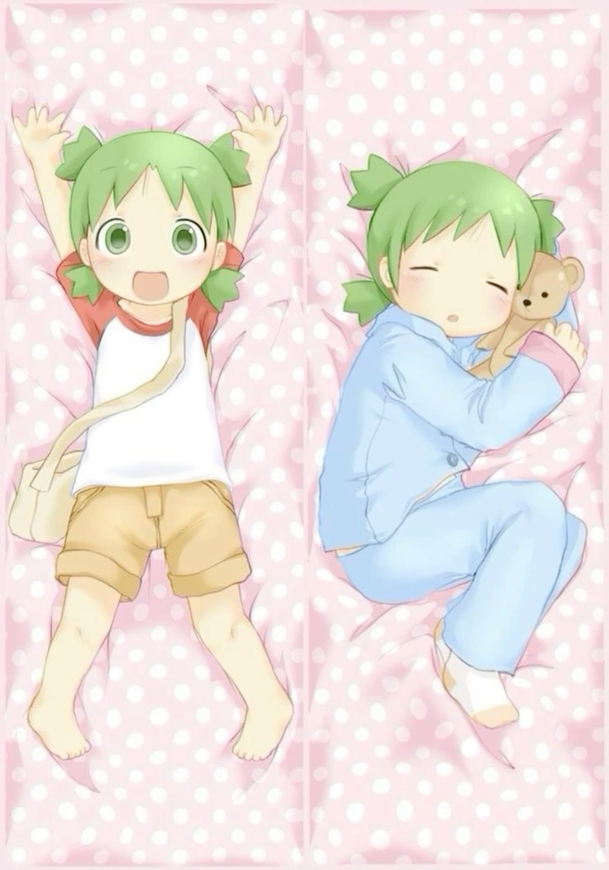 1girl, alternate_costume, blue_pajamas, body_pillow, canihavepromo, child, dakimakura_(medium), green_eyes