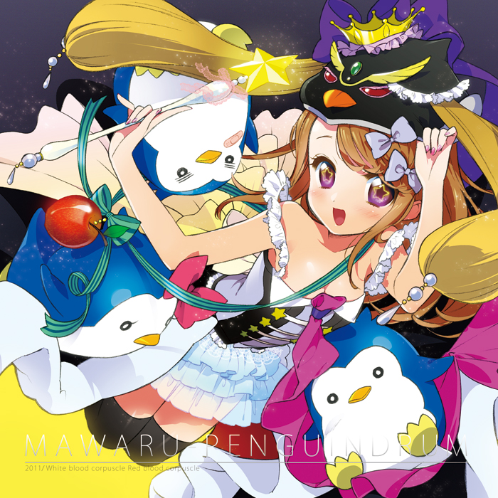 apple, bird, black_legwear, bow, brown_hair, crown, dress, elbow_gloves