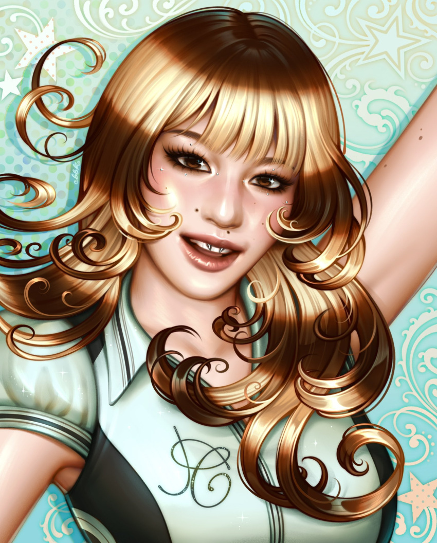 1girl, 2026_winter_olympics, alysa_liu, aqua_background, aqua_shirt, arm_up, babybeetlekat, black_trim