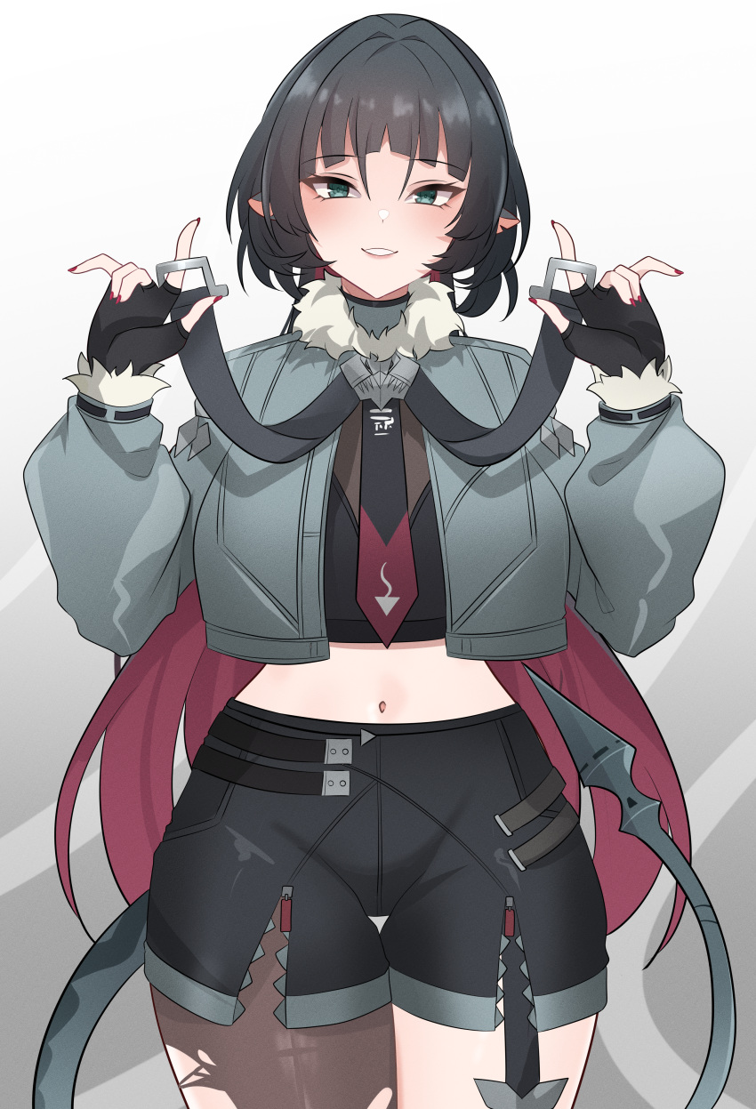 1girl, absurdres, belly, black_hair, blush, gloves, highres, jane_doe_(zenless_zone_zero)