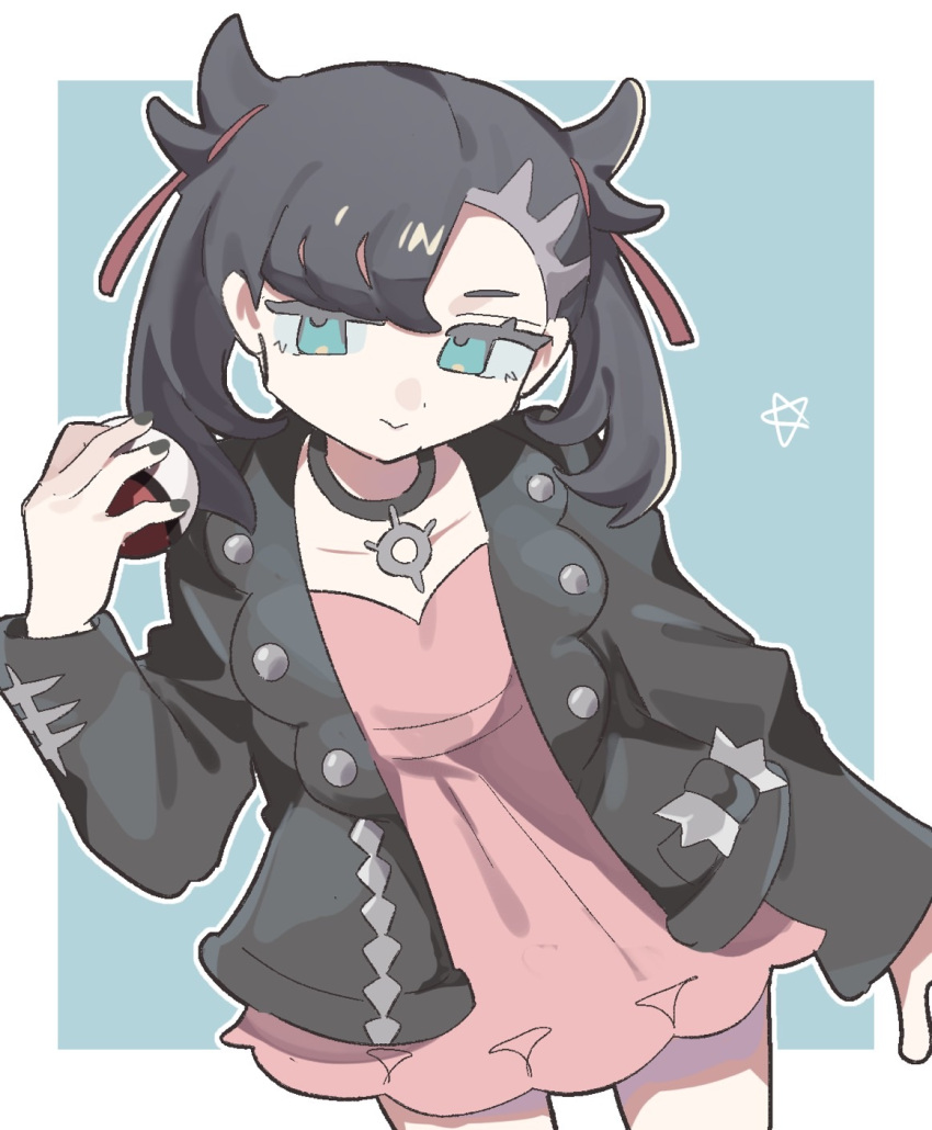 1girl, asymmetrical_bangs, black_collar, black_hair, black_jacket, black_nails, closed_mouth, collar