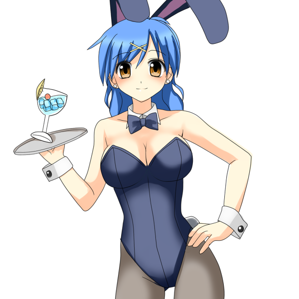 blue_hair, bowtie, brown_eyes, bunny_ears, bunnysuit, detached_collar, goblet, houshou_hanon