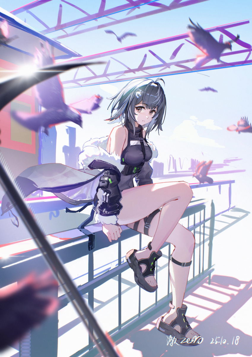 1girl, absurdres, ahoge, arknights, bare_shoulders, bird, black_hair, blue_sky