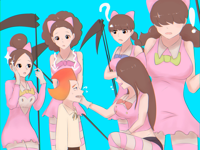 1boy, 5girls, afro, age_difference, aged_down, blue_bow, bow, brother_and_sister