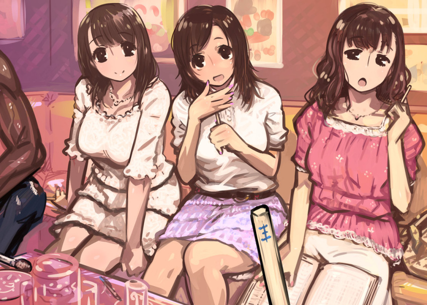 1boy, brown_hair, copyright_request, dark_skin, dress, jewelry, kaqo, multiple_girls