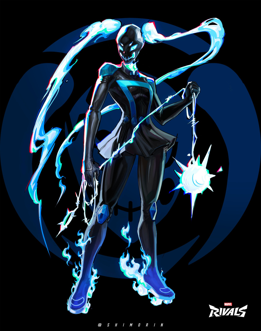 1girl, absurdres, ball_and_chain_(weapon), black_background, black_boots, black_dress, black_gloves, blue_fire