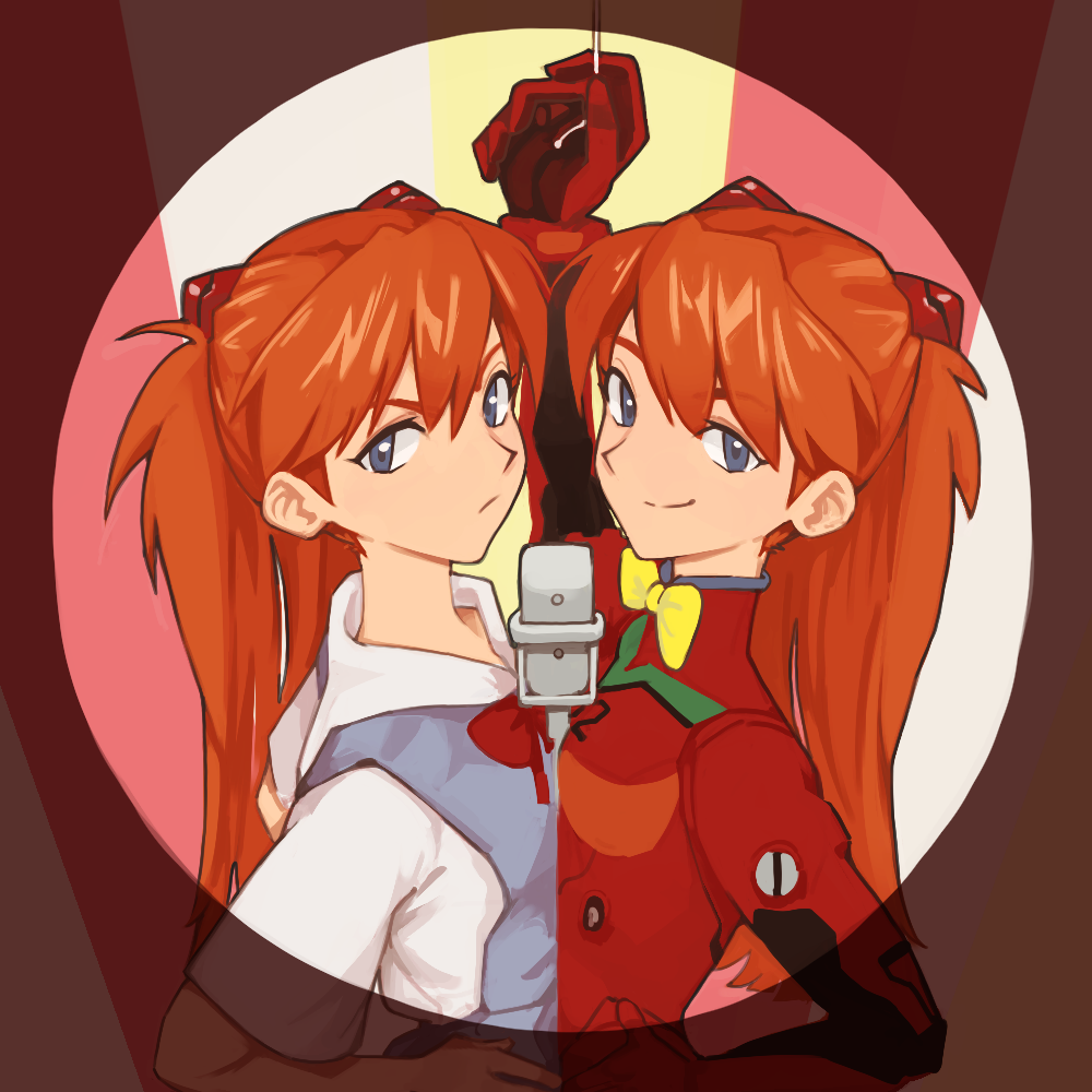 2girls, :/, annoyed, between_breasts, blue_eyes, blue_skirt, bodysuit, bow, bowtie, breast_press, breasts, closed_mouth, collared_shirt, commentary, dress_shirt, dual_persona, evangelion:_30th_anniversary_special_performance, face-to-face, from_side, hair_between_eyes, hand_on_own_hip, hand_up, hands_on_own_hips, interface_headset_(evangelion), long_hair, looking_at_viewer, manzai, mecha_pilot_suit, microphone, microphone_stand, multiple_girls, neon_genesis_evangelion, plugsuit_(evangelion), pull_cord, red_background, red_bodysuit, red_bow, red_bowtie, red_hair, sailor_collar, school_uniform, shirt, short_sleeves, skirt, small_breasts, smile, smirk, souryuu_asuka_langley, spotlight, striped_background, suspender_skirt, suspenders, symmetrical_docking, toastitos, tokyo-3_middle_school_uniform, upper_body, v-shaped_eyebrows, white_background, white_sailor_collar, white_shirt, yellow_background, yellow_bow, yellow_bowtie
