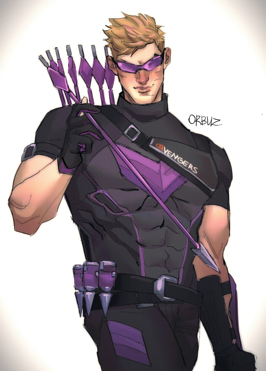 1boy, arrow_(projectile), artist_name, avengers_(series), black_gloves, black_pants, black_shirt, blonde_hair