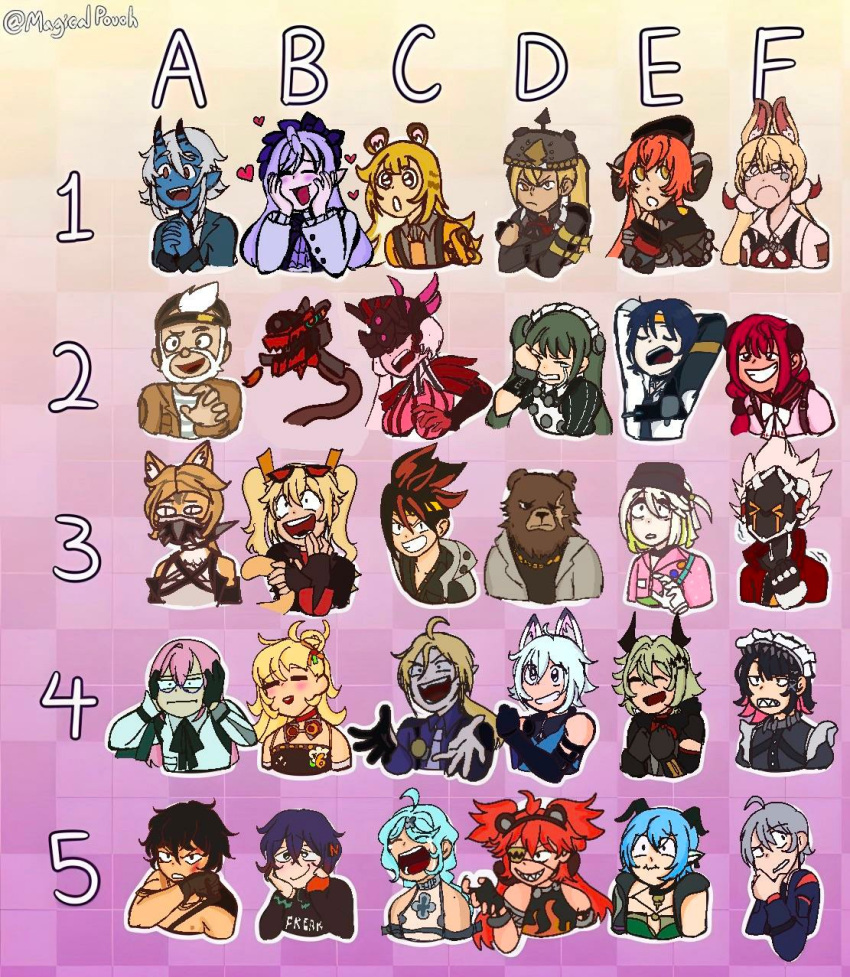 alice_thymefield, animal_ears, anton_ivanov, artist_name, asaba_harumasa, belle_(zenless_zone_zero), ben_bigger, billy_kid, burnice_white, caesar_king_(zenless_zone_zero), chart, coco_(zenless_zone_zero), corin_wickes, ellen_joe, hugo_vlad, ju_fufu, koleda_belobog, lighter_(zenless_zone_zero), long_hair, lucia_elowen, luciana_de_montefio, magus_(zenless_zone_zero), medium_hair, mevorakh_(zenless_zone_zero), multiple_boys, multiple_girls, oni, orphie_magnusson, piper_wheel, pulchra_fellini, seed_(zenless_zone_zero), seth_lowell, sharp_teeth, short_hair, soukaku_(zenless_zone_zero), tsukishiro_yanagi, ukinami_yuzuha, vivian_banshee, wise_(zenless_zone_zero), zenless_zone_zero