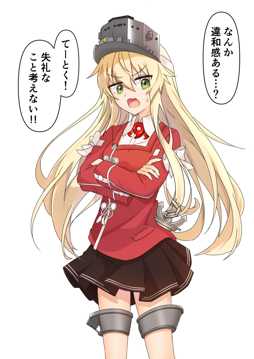 1girl, absurdres, anchor_hair_ornament, black_skirt, blonde_hair, cosplay, crossed_arms, green_eyes