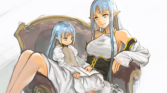 2girls, bare_shoulders, bindi, blue_hair, breasts, kalar_(race), long_hair, mother_and_daughter