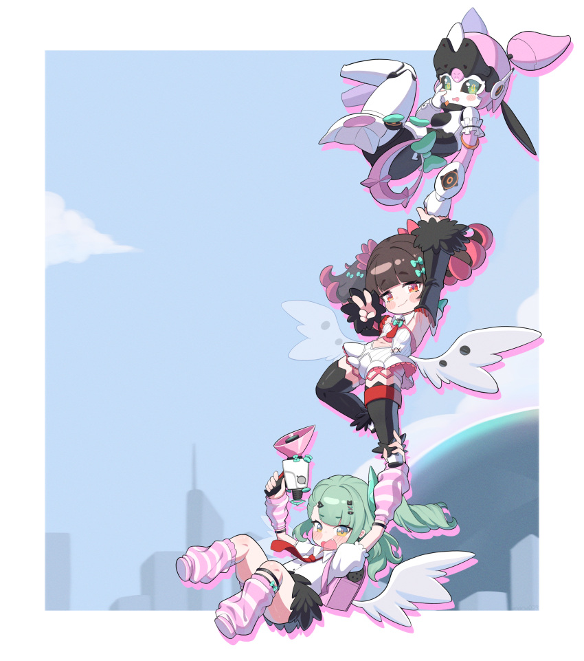 3girls, absurdres, angels_of_delusion, aria_(zenless_zone_zero), arm_warmers, black_hair, black_sclera, black_skirt