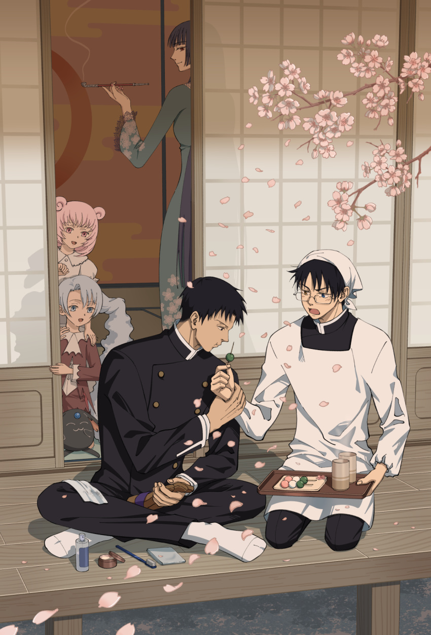 2boys, 3girls, apron, black_hair, buttons, cherry_blossoms, commentary_request, dango