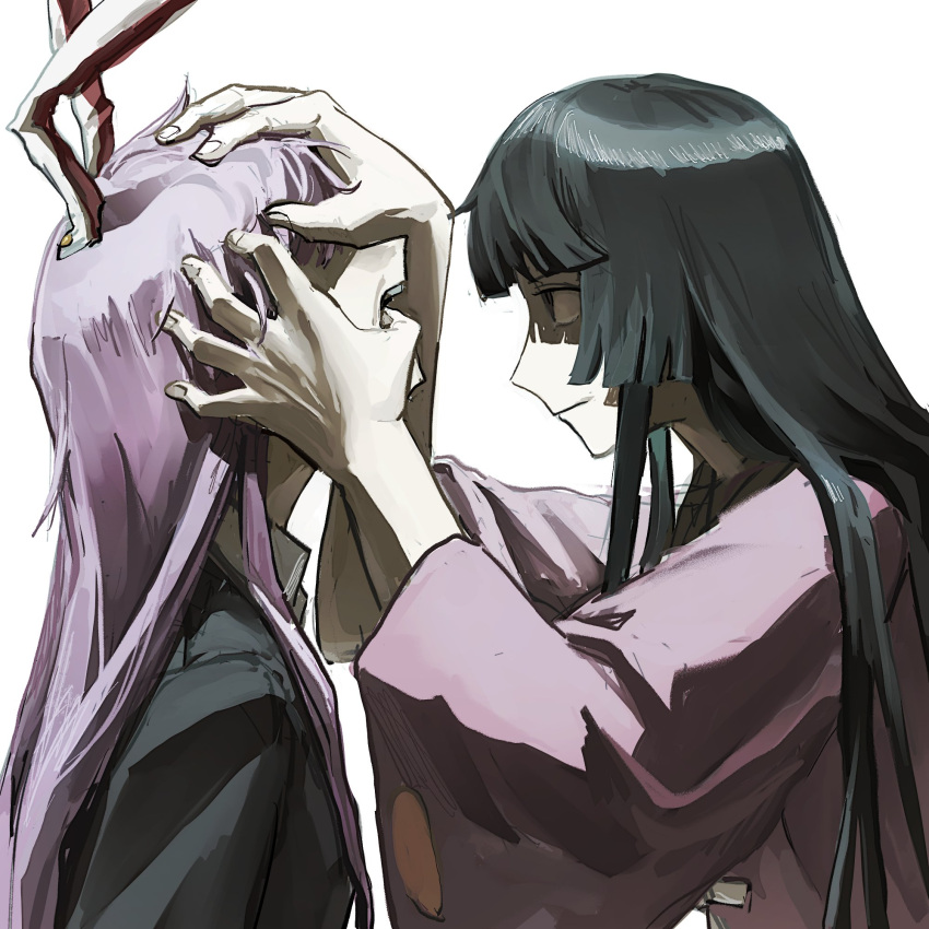 2girls, animal_ears, black_hair, black_jacket, closed_mouth, collared_shirt, face-to-face, finger_in_another's_mouth, hand_on_another's_face, hand_on_another's_head, highres, hime_cut, houraisan_kaguya, jacket, long_hair, long_sleeves, looking_at_another, multiple_girls, open_mouth, pink_shirt, pugnole, purple_hair, rabbit_ears, rabbit_girl, red_eyes, reisen_udongein_inaba, shaded_face, shirt, simple_background, touhou, very_long_hair, white_background, white_shirt, wide_sleeves