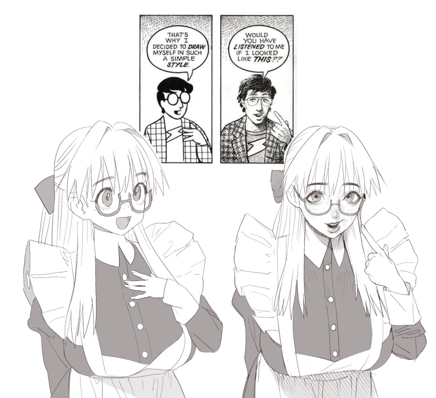 1girl, apron, before_and_after, breasts, collared_dress, comic_inset, comic_panel_inset, conto