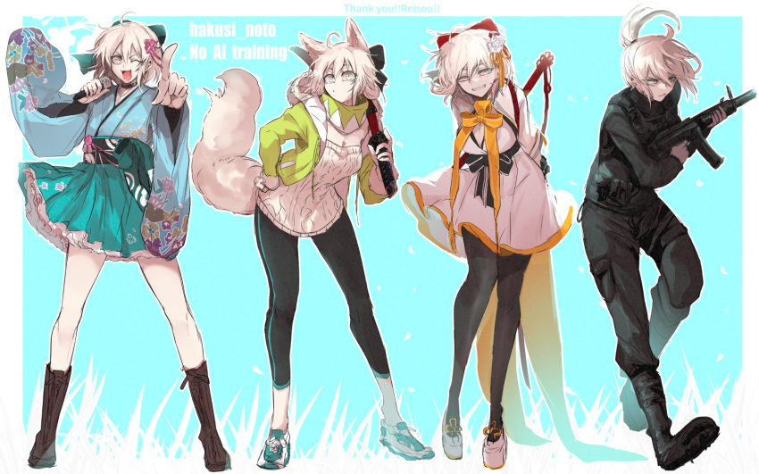 ahoge, animal_ears, aqua_background, aqua_kimono, aqua_skirt, belt_ribbon, black_boots, black_bow