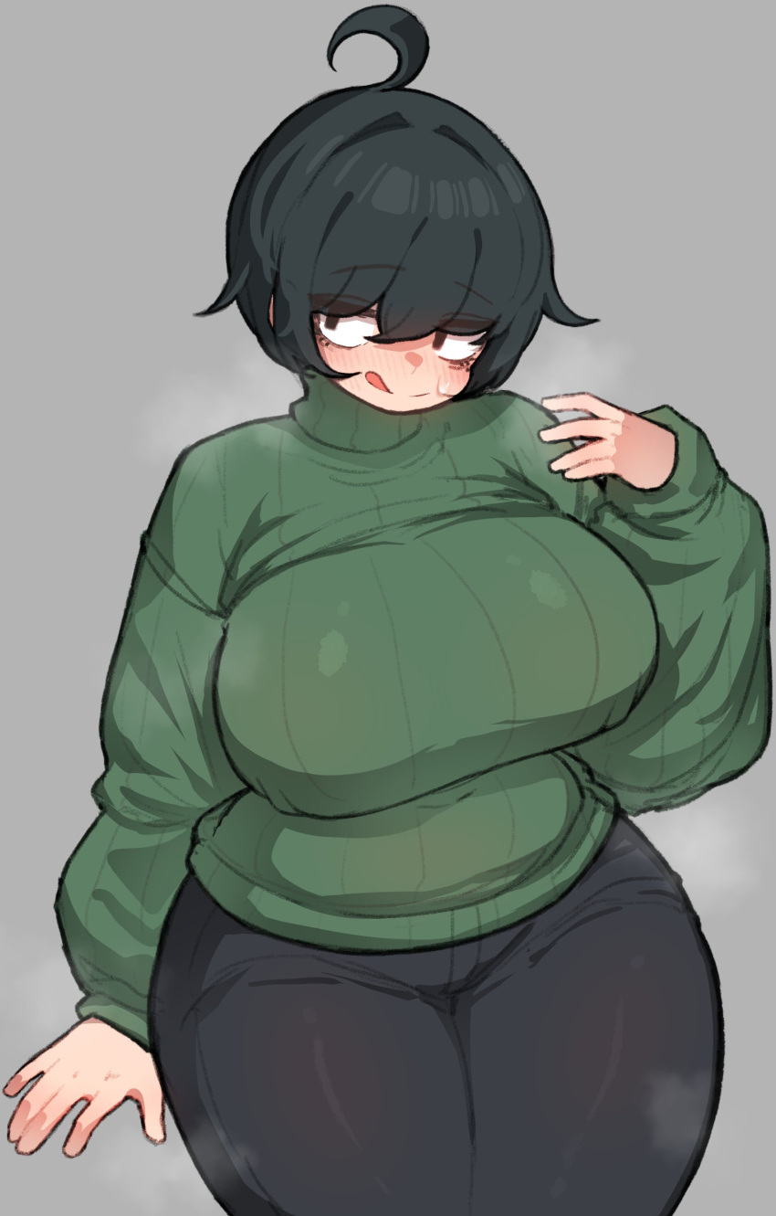 1girl, :p, absurdres, ahoge, arm_support, black_hair, black_pants, blush, breasts, crossed_bangs, double-parted_bangs, embarrassed, flustered, green_sweater, grey_background, hand_up, head_tilt, highres, huge_breasts, invisible_chair, jitome, kim_aendeo, original, pants, plump, ribbed_sweater, sanpaku, short_hair, sitting, smile, solo, square_pupils, sweatdrop, sweater, thick_thighs, thighs, tongue, tongue_out, wide_hips
