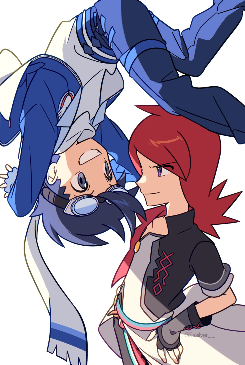 2boys, belt, black_jacket, blue_belt, blue_eyes, blue_hair, blue_jacket, blue_pants