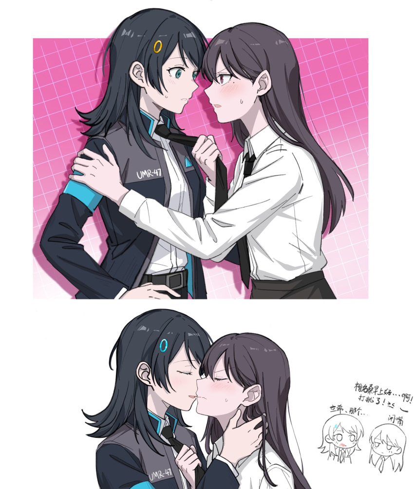 2girls, bang_dream!, bang_dream!_it's_mygo!!!!!, black_hair, black_jacket, black_necktie, blue_eyes, blush