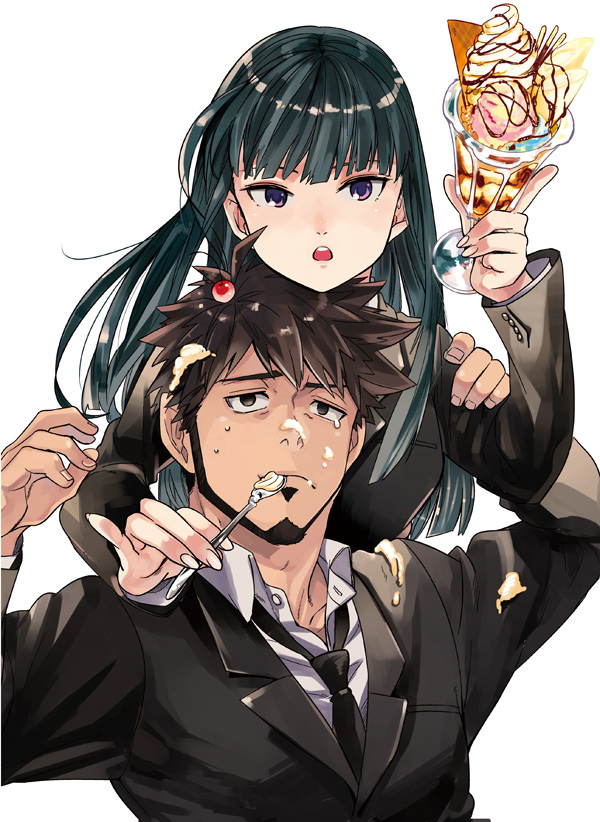 beard, black_eyes, black_hair, bust, cherry, darker_than_black, facial_hair, food