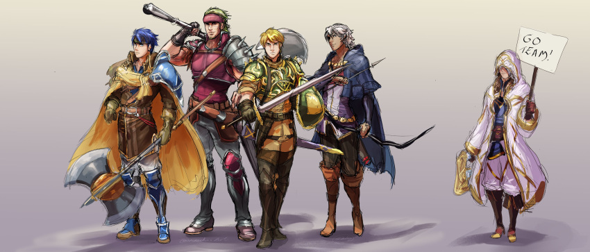 1other, 4boys, absurdres, armor, arrow_(projectile), astram_(fire_emblem), axe, blonde_hair