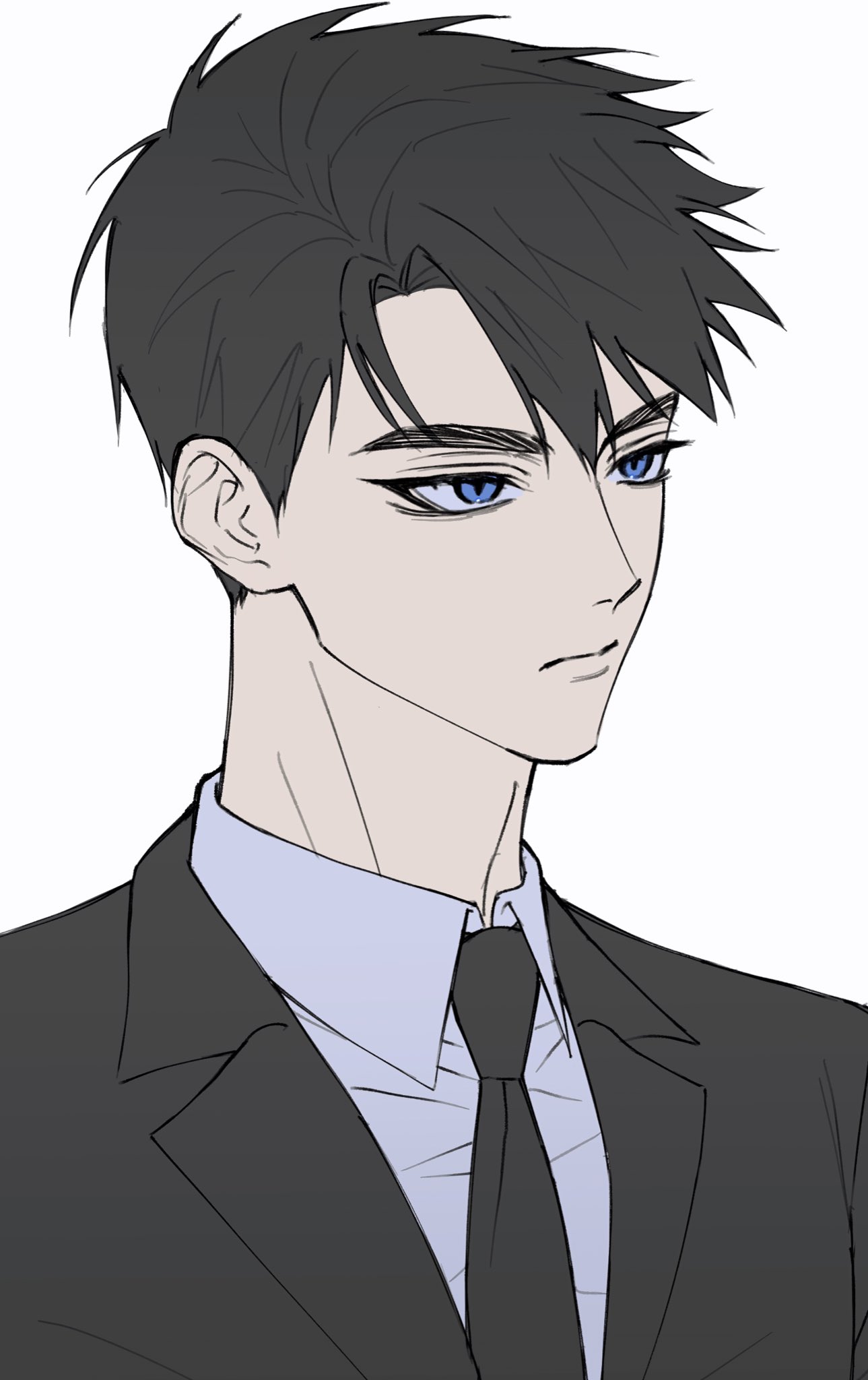 1boy, black_hair, black_jacket, black_necktie, blue_eyes, closed_mouth, commentary_request, dress_shirt, gwechul, highres, jacket, korean_commentary, looking_to_the_side, male_focus, necktie, portrait, ryu_jaekwan, shirt, short_hair, simple_background, solo, suit, suit_jacket, white_background, white_shirt, yongyongyeye
