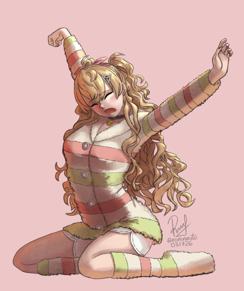 1girl, arms_up, black_choker, blonde_hair, choker, commentary, dated, dolphin_shorts
