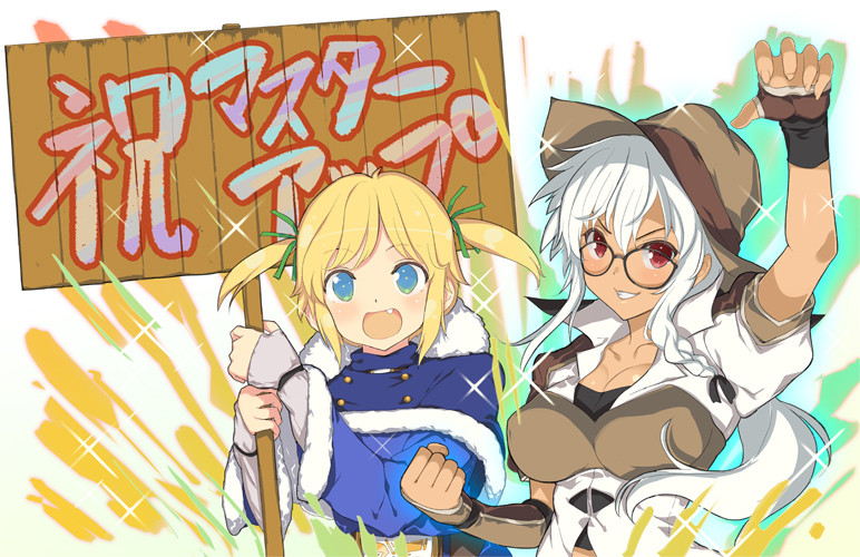 2girls, :d, blonde_hair, blue_eyes, breasts, charlotte_bronte_(evenicle), claw_pose, clenched_hand