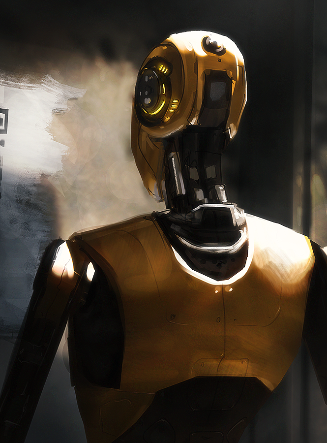 1other, art_study, black_skin, color_study, colored_skin, commentary, english_commentary, from_behind, gold_skin, humanoid_robot, looking_at_painting, mrmichaelissebastian, multicolored_skin, painting_(object), qr_code, robot, solo, standing, the_talos_principle_(series), the_talos_principle_1, two-tone_skin, upper_body