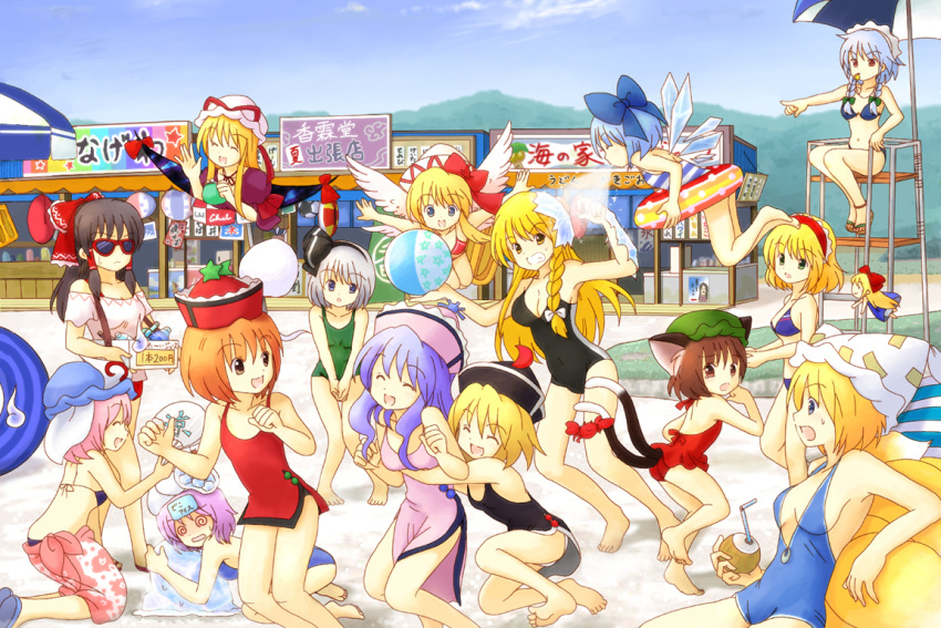 alice_margatroid, barefoot, beach, bikini, bow, braid, character_request, chen