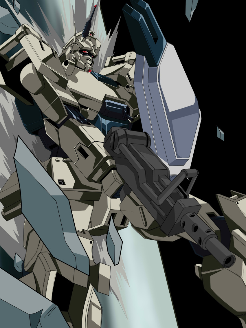 absurdres, antennae, armor, black_background, commentary, dust, gun, gundam