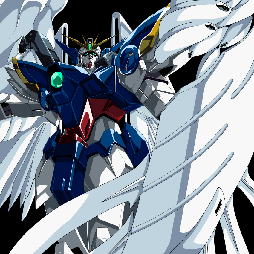 absurdres, armor, armored_skirt, black_background, chest_jewel, commentary, feathered_wings, gem, green_eyes, green_gem, gundam, gundam_wing, gundam_wing:_endless_waltz, highres, joints, kds_(0049), mecha, mecha_focus, mechanical_wings, mobile_suit, no_humans, no_pupils, robot, robot_joints, science_fiction, shoulder_armor, simple_background, solo, v-fin, wing_gundam_zero_custom, wings