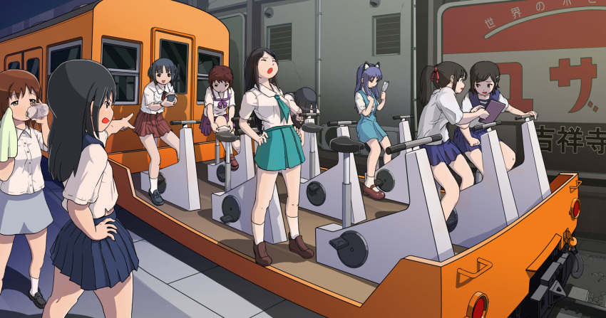 animal_ears, bottle, cat_ears, exercise_bike, hand_mirror, hand_on_hip, hands_on_hips, highres